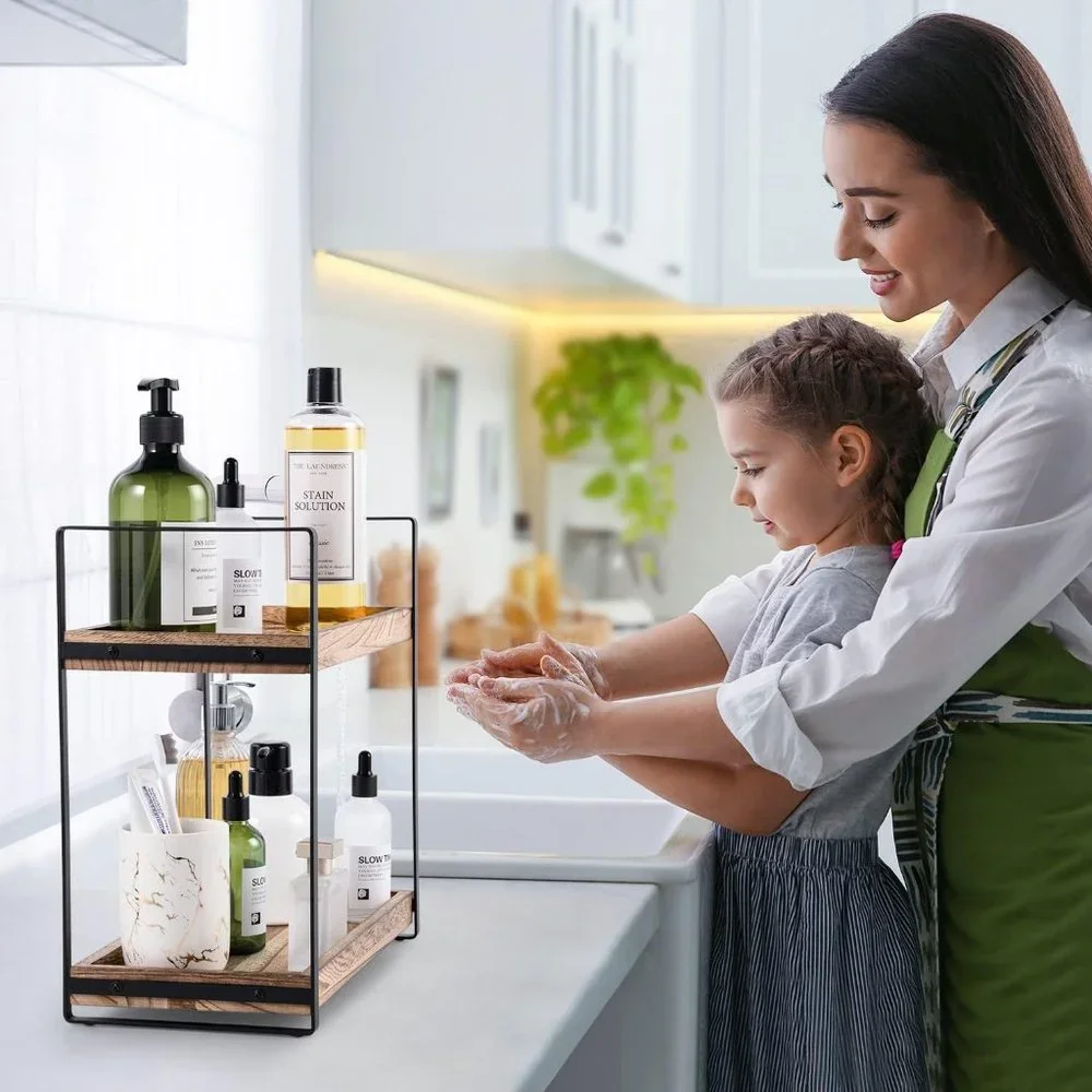 2-Tier Countertop Wood Bathroom Counter Organizers Shelf Cosmetic Storage, Decor